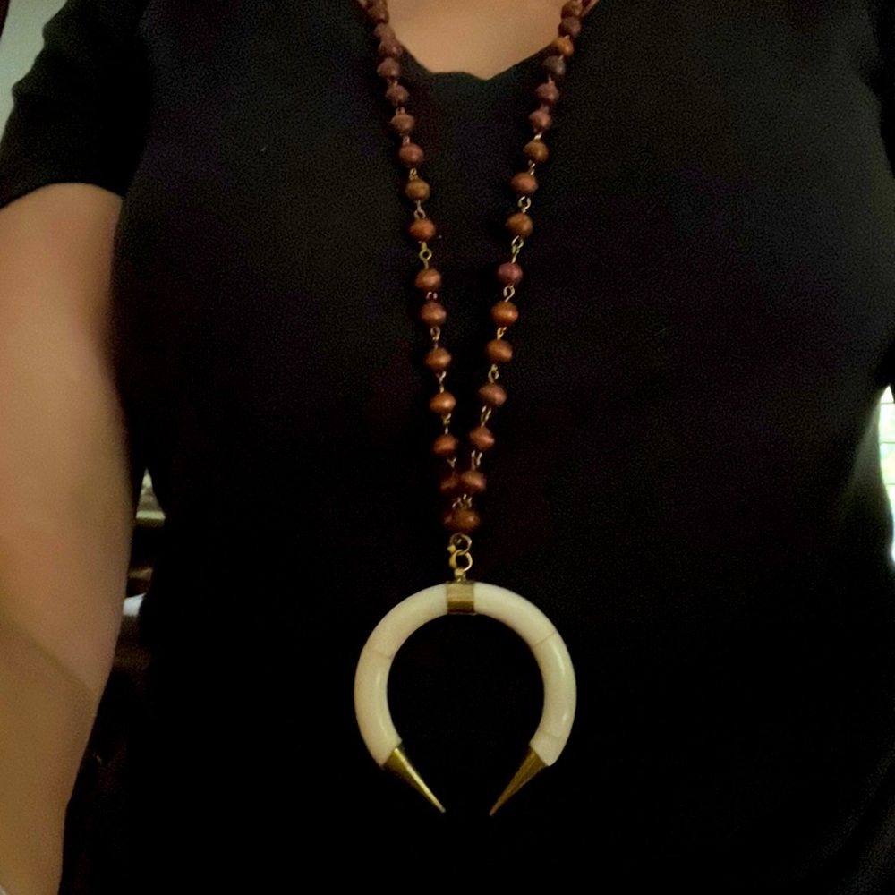 Boho Necklace, Wooden beads with brass links, with semi-circle bone pendant.
